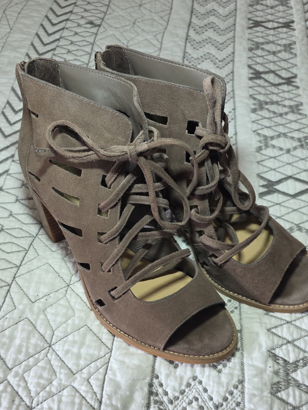 Vince Camuto Taupe Suede Lace-Up Cutout Heels